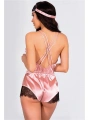 Morliva  Pembe Dantelli Sırtı Çapraz Saten Şort Tulum