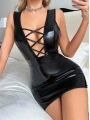 Morliva  Siyah Arkası İp Dekolteli Mini Fantezi Parlak Deri Elbise