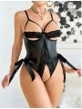 Morliva  Siyah Dantel İşlemeli Özel Bölgesi Açık Fantezi Deri Body