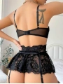 Morliva Siyah Dantelli Göğüs İp Detaylı Fantezi Jartiyer Takımı