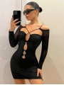 Morliva Siyah Göğüs Dekolteli İp Detaylı Mini Club Elbisesi