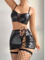 Morliva  Siyah İp Dekolteli Mini Etekli Fantezi Parlak Deri Kostüm