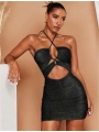 Morliva Siyah Simli Boyundan Bağlamalı Göğüs Dekolteli Mini Club Elbisesi