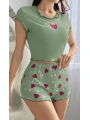 Morliva Yeşil Çilek Desenli Askılı Şortlu Pijama Takım