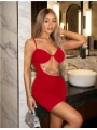 Morliva Zincir Detaylı Göğüs Dekolteli Kırmızı Mini Club Elbisesi