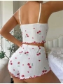 Morliva  Beyaz Kiraz Desenli Askılı Şortlu Pijama Takımı