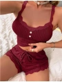 Bordo Dantel İşlemeli Fitilli Askılı Şortlu Pijama Takımı