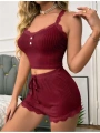 Bordo Dantel İşlemeli Fitilli Askılı Şortlu Pijama Takımı