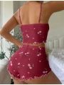 Morliva Bordo Kiraz Desenli Askılı Şortlu Pijama Takımı
