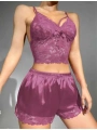 Dantelli Büstiyer İnce Askılı Lila Saten Şortlu Takım