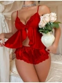 Morliva Kırmızı Dantel İşlemeli İnce Askılı Saten Şortlu Takım