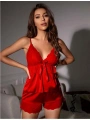 Arias Closet Kırmızı Dantel İşlemeli Kurdelalı İnce Askılı Saten Şortlu Takım