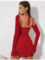 Morliva Kırmızı Yırtmaç Detay Simli Fantezi Mini Club Elbisesi