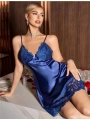 Mavi Dantel Detaylı İnce Askılı Saten Kısa Fantezi Gecelik
