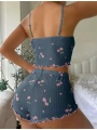 Mavi Kiraz Desenli Askılı Şortlu Pijama Takımı