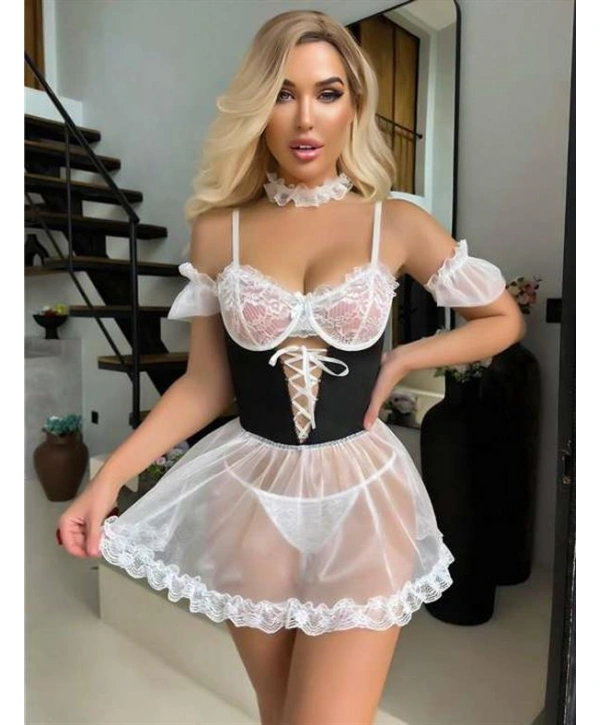 Morliva Beyaz Dantel İşlemeli Büstiyerli Fantezi Tül Gecelik