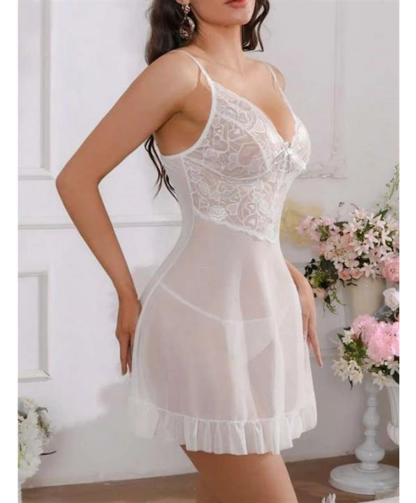 Beyaz Fırfırlı Dantel İşlemeli İnce Askılı Likralı Fantezi Tül Gecelik