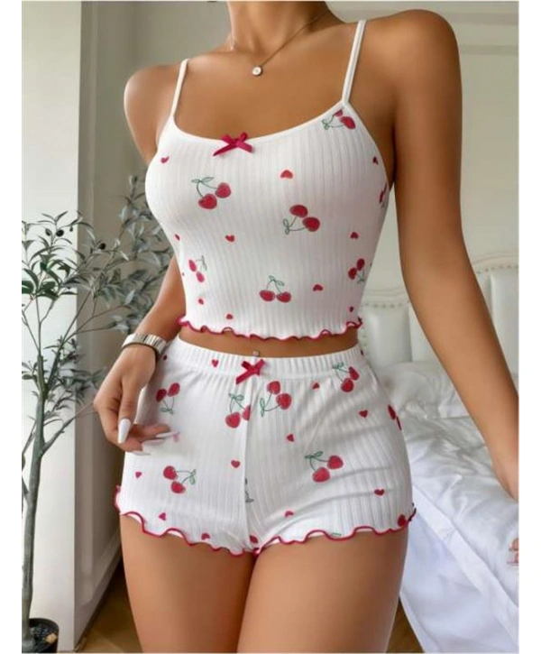 Morliva  Beyaz Kiraz Desenli Askılı Şortlu Pijama Takımı