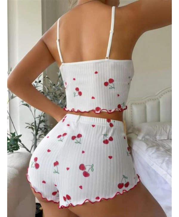 Morliva  Beyaz Kiraz Desenli Askılı Şortlu Pijama Takımı