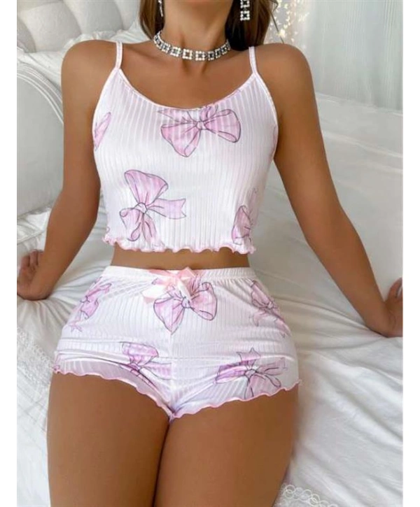 Beyaz Üstüne Kurdela Desenli Fitilli Askılı Şortlu Pijama Takımı