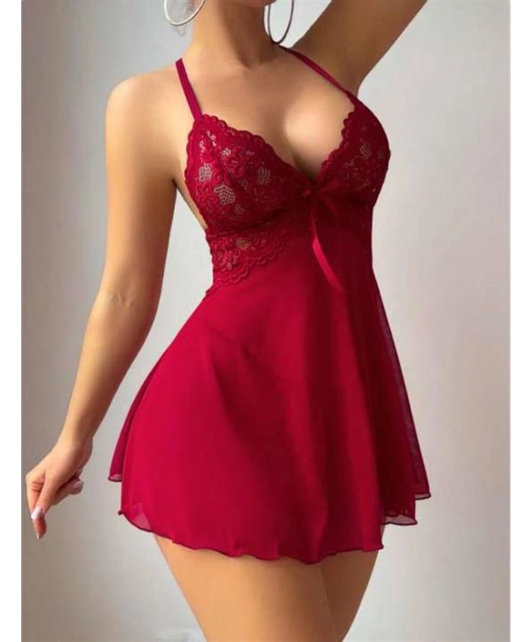 Bordo Dantel İşlemeli Boyundan Bağlamalı Likralı Fantezi Tül Gecelik