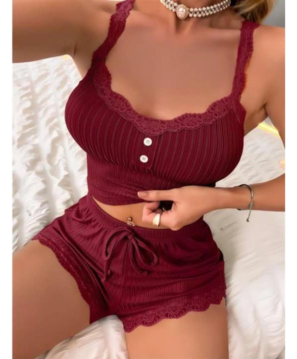 Bordo Dantel İşlemeli Fitilli Askılı Şortlu Pijama Takımı