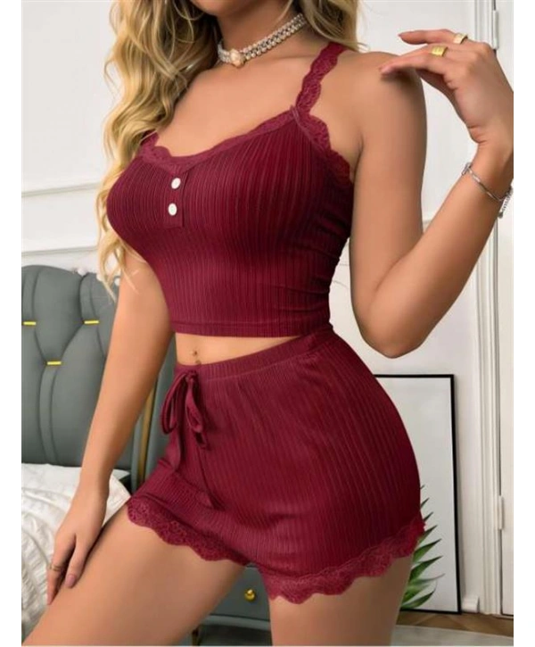 Bordo Dantel İşlemeli Fitilli Askılı Şortlu Pijama Takımı