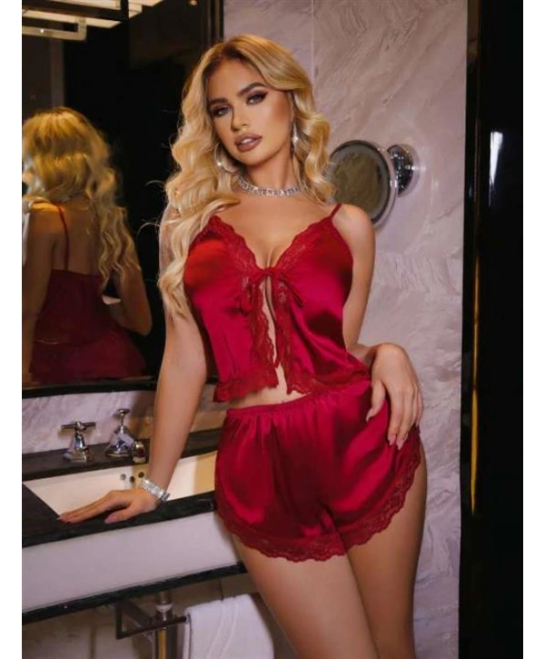 Bordo Dantel İşlemeli İnce Askılı Önden Bağlamalı Saten Şortlu Takım