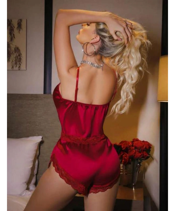 Bordo Dantel İşlemeli İnce Askılı Önden Bağlamalı Saten Şortlu Takım