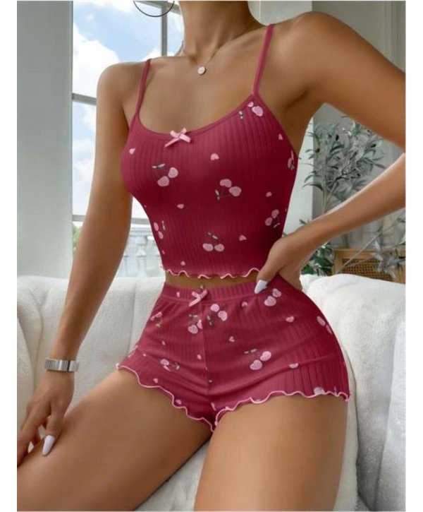 Morliva Bordo Kiraz Desenli Askılı Şortlu Pijama Takımı
