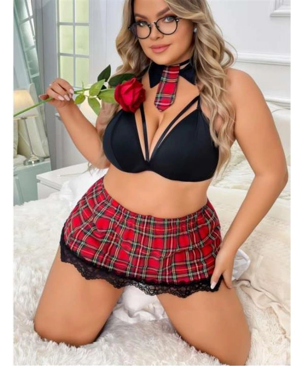 Morliva Büyük Beden Ekose Desen Mini Etekli Fantezi Kostümü