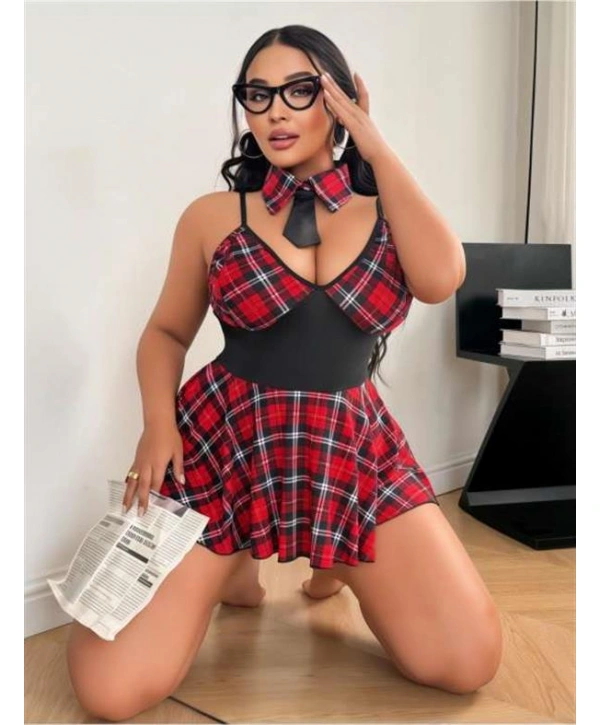 Morliva  Büyük Beden Ekoseli Kravatlı Liseli Fantezi Kostüm