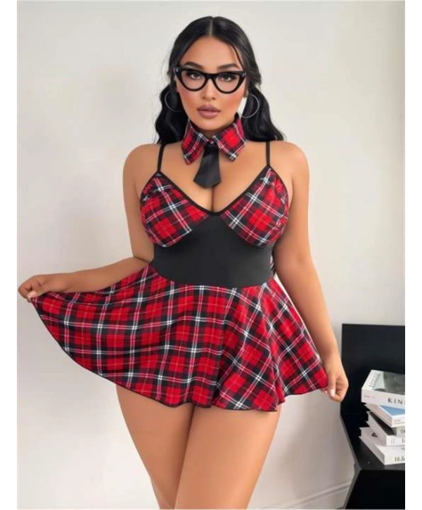 Morliva  Büyük Beden Ekoseli Kravatlı Liseli Fantezi Kostüm