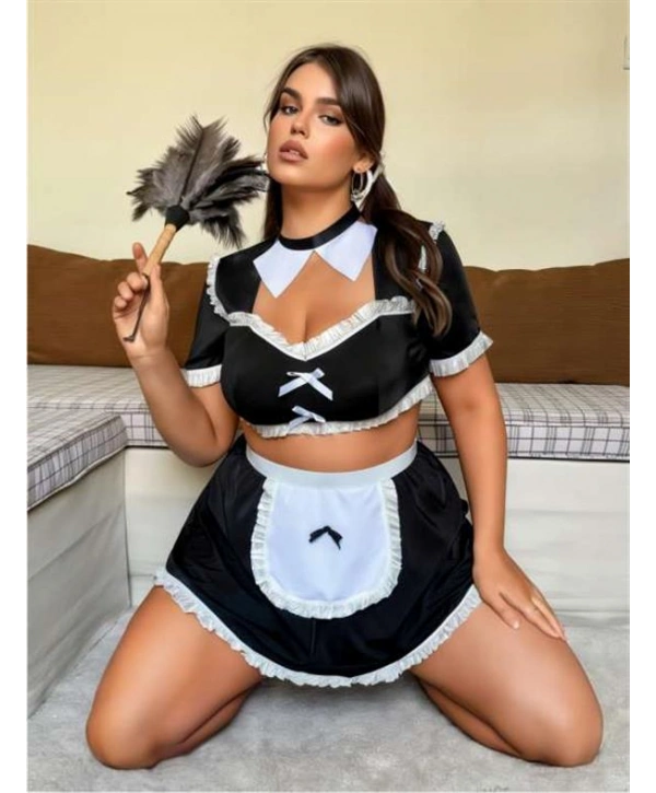Morliva Büyük Beden Mini Etekli Büstiyerli Fantezi Hizmetçi Kostümü