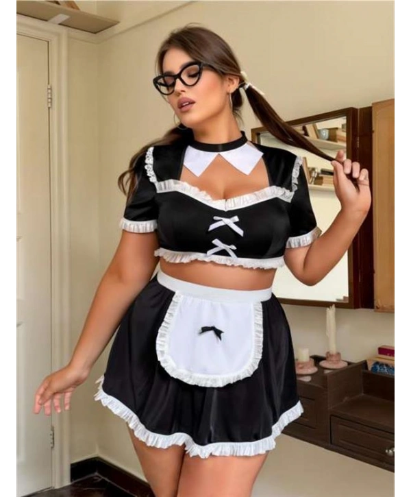 Morliva Büyük Beden Mini Etekli Büstiyerli Fantezi Hizmetçi Kostümü