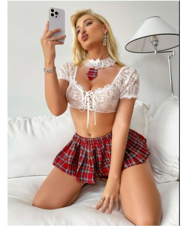 Morliva Ekose Desenli Mini Etekli Dantel İşlemeli Fantezi Liseli Kostüm