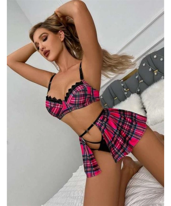 Ekose Etek Desenli Sütyenli Fantezi Kostüm