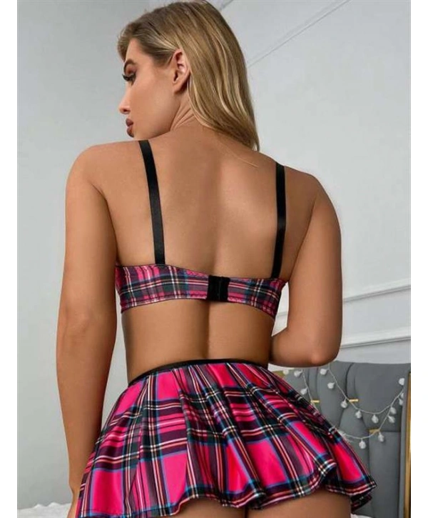 Ekose Etek Desenli Sütyenli Fantezi Kostüm