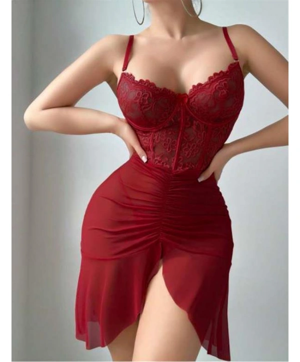 Arias Closet Fırfırlı Dantel İşlemeli Tül Fantezi Bordo Gecelik