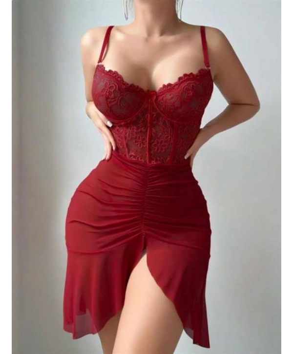 Arias Closet Fırfırlı Dantel İşlemeli Tül Fantezi Bordo Gecelik