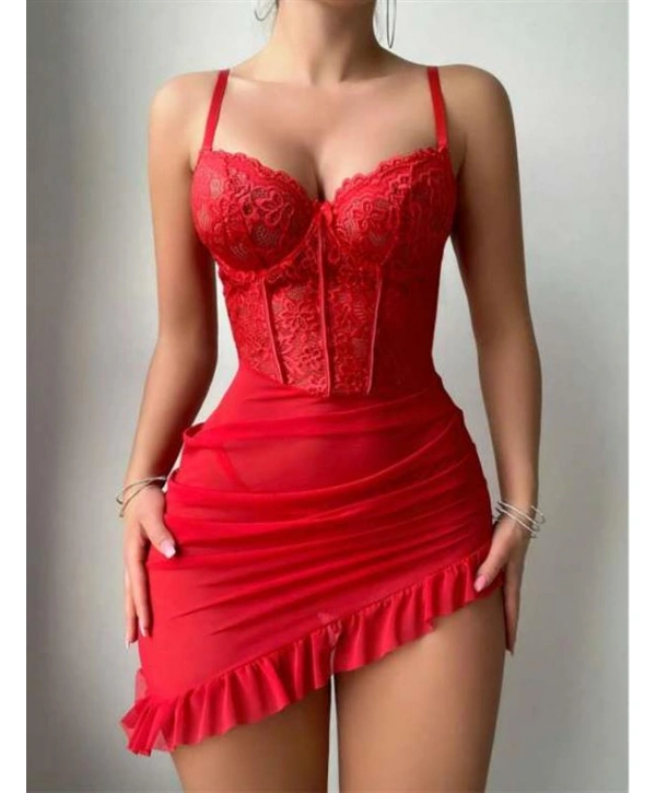 Arias Closet Fırfırlı Dantel İşlemeli Tül Fantezi Kırmızı Gecelik