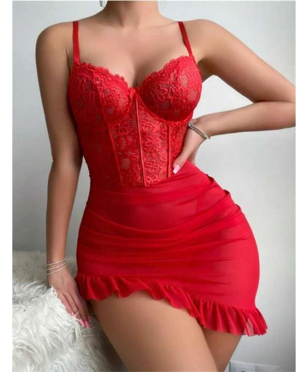 Arias Closet Fırfırlı Dantel İşlemeli Tül Fantezi Kırmızı Gecelik