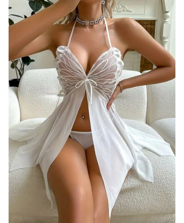 Morliva Göğüs Kelebek Detaylı Fantezi Tül Beyaz Gecelik