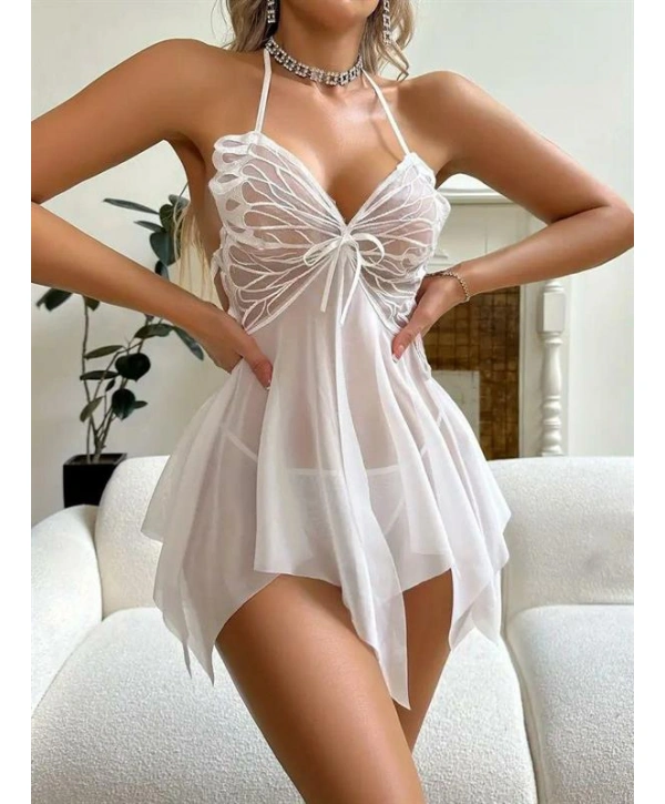 Morliva Göğüs Kelebek Detaylı Fantezi Tül Beyaz Gecelik