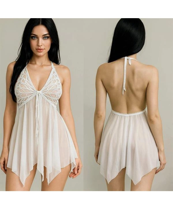 Morliva Göğüs Kelebek Detaylı Fantezi Tül Beyaz Gecelik