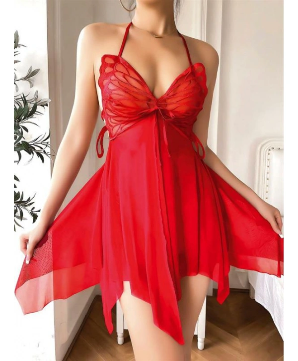 Morliva Göğüs Kelebek Detaylı Fantezi Tül Kırmızı Gecelik