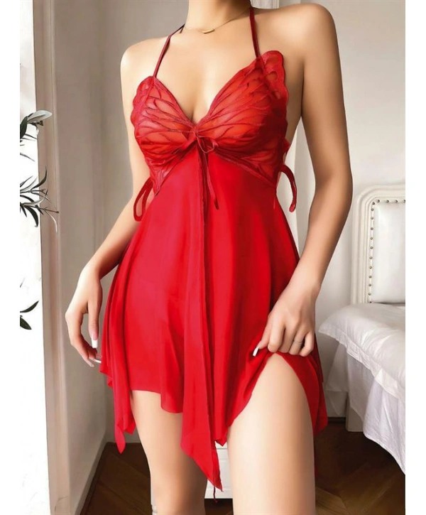 Morliva Göğüs Kelebek Detaylı Fantezi Tül Kırmızı Gecelik