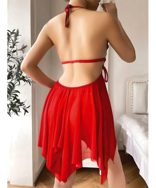 Morliva Göğüs Kelebek Detaylı Fantezi Tül Kırmızı Gecelik