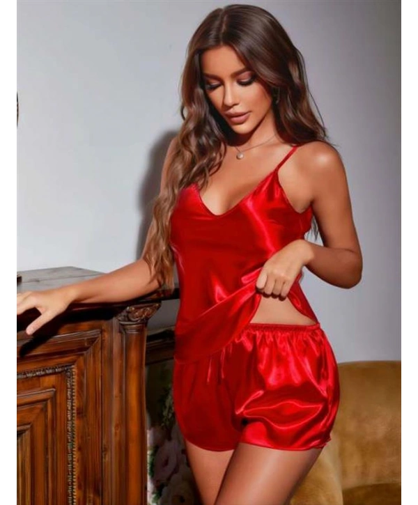 İnce Askılı Kırmızı Saten Şortlu Takım