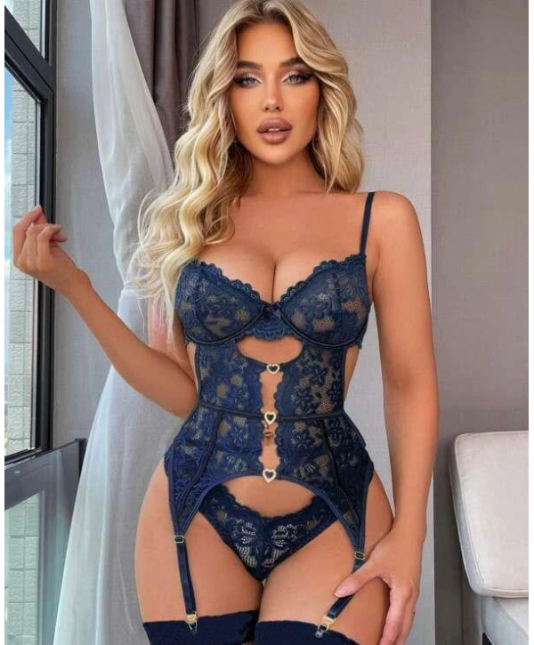 Kalp Aksesuarlı Dantelli Fantezi Mavi Jartiyer Takım